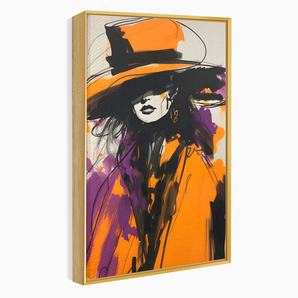 Tablou canvas cu ilustratie portret femeie cu palarie portocalie, in rama de aluminiu auriu